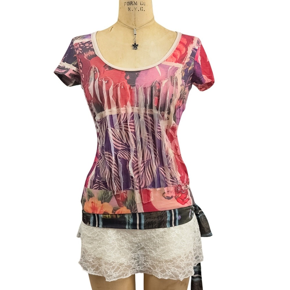 Vintage Patchwork Textured Print Shirt Eclectic Retro Side Tie Multicolor Tee XS